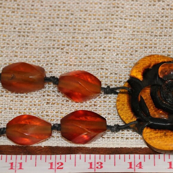 Vintage Resin Rose Beaded Necklace Large Chunky Floral Centerpiece- Amber Color - Picture 3 of 6